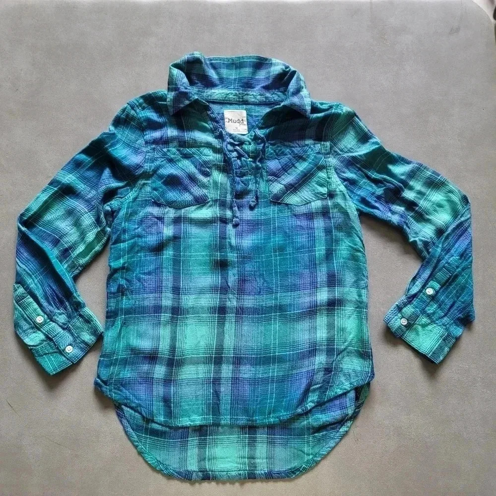 Mudd Girls Blue Green Long Sleeve Collared Plaid Comfort Button Up Shirt Sz 14